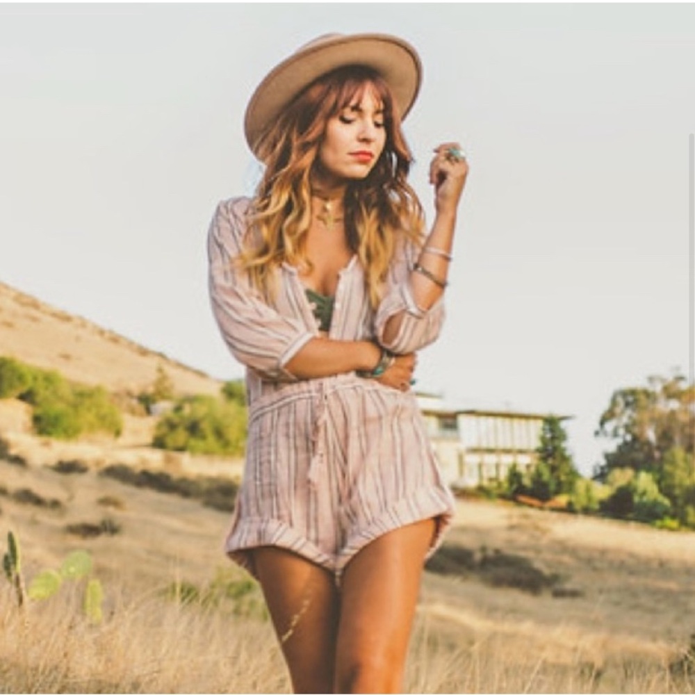 Spell Cream Jumpsuit with Vertical Stripes and Sash
